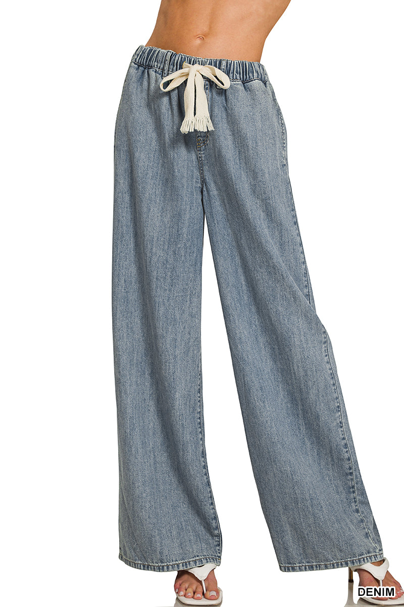Denim Drawstring Wide Leg Pants