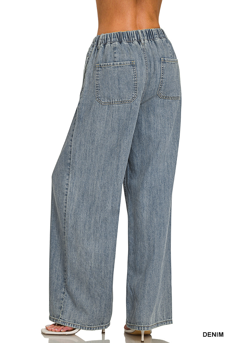 Denim Drawstring Wide Leg Pants