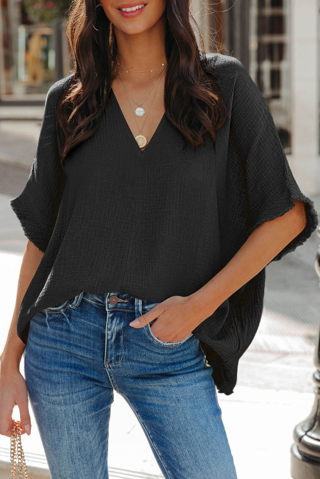 Frayed Sleeve Cotton Blouse - Black