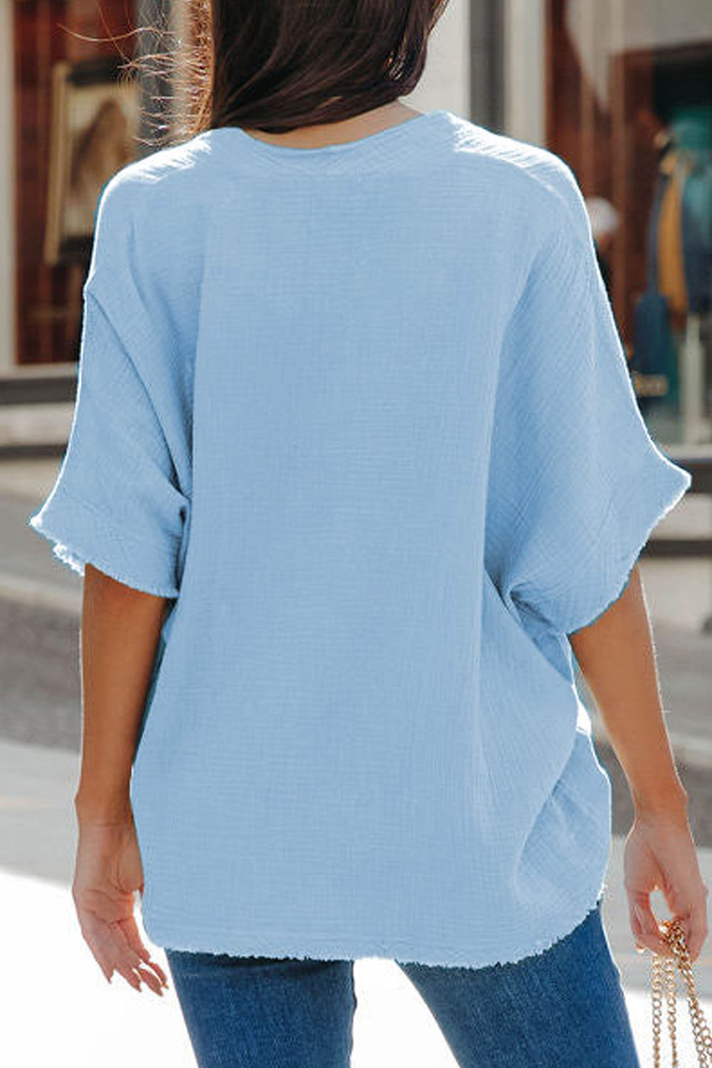 Frayed Sleeve Cotton Blouse - Sky Blue