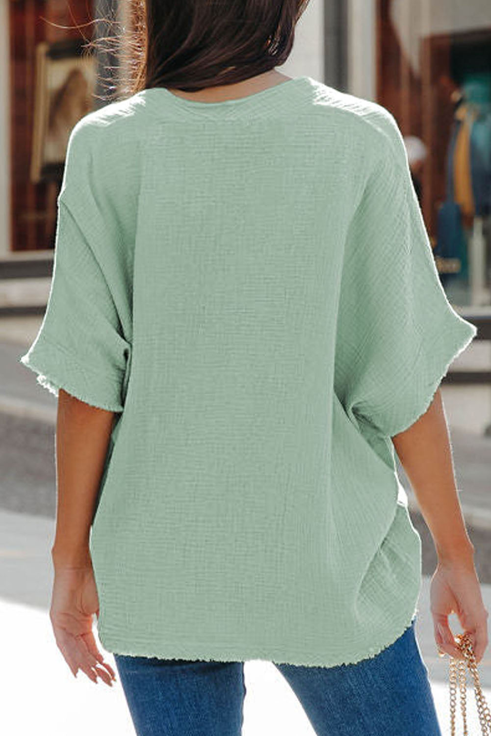 Frayed Sleeve Cotton Blouse - Green