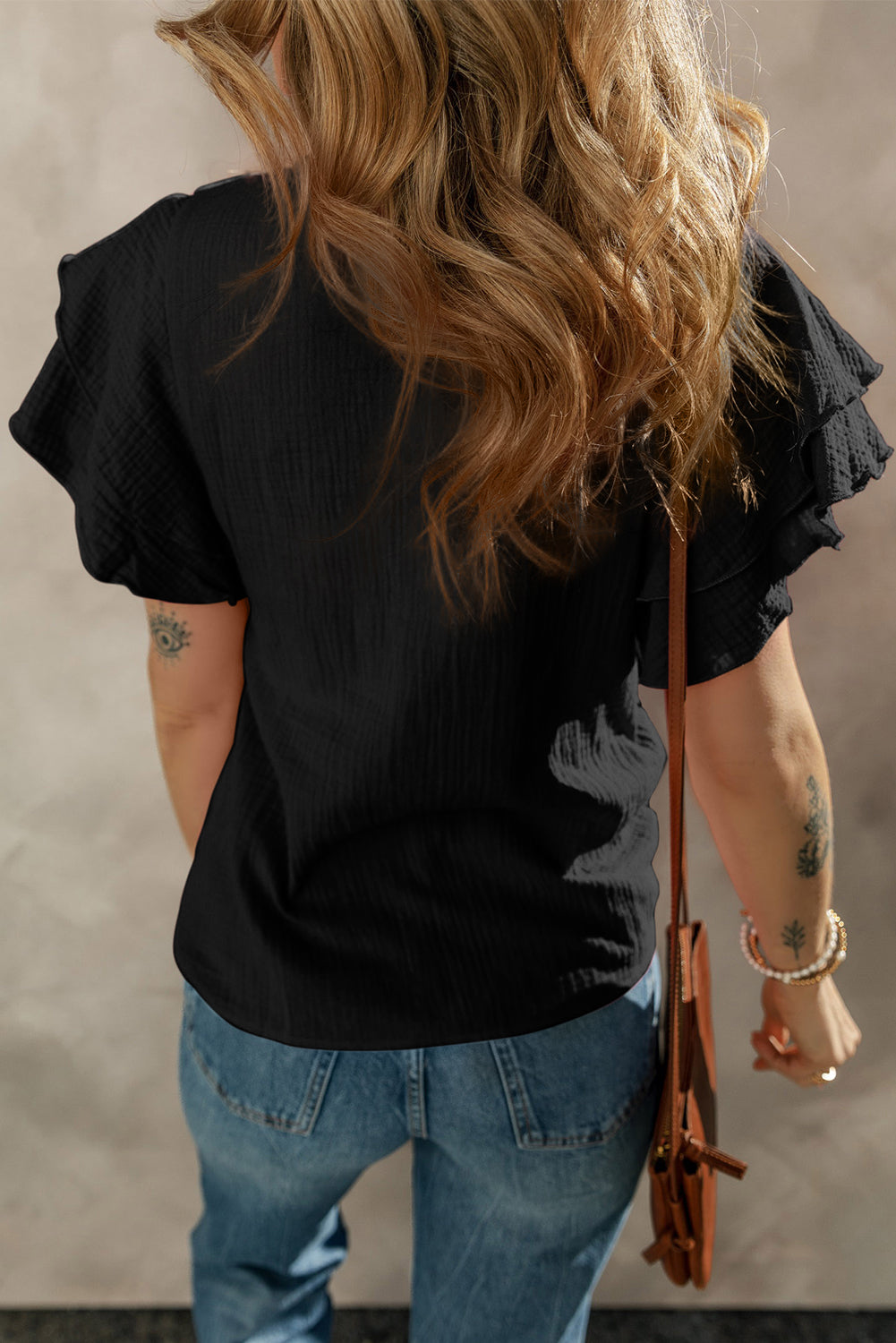 Ruffle Sleeve Cotton Blouse – Black