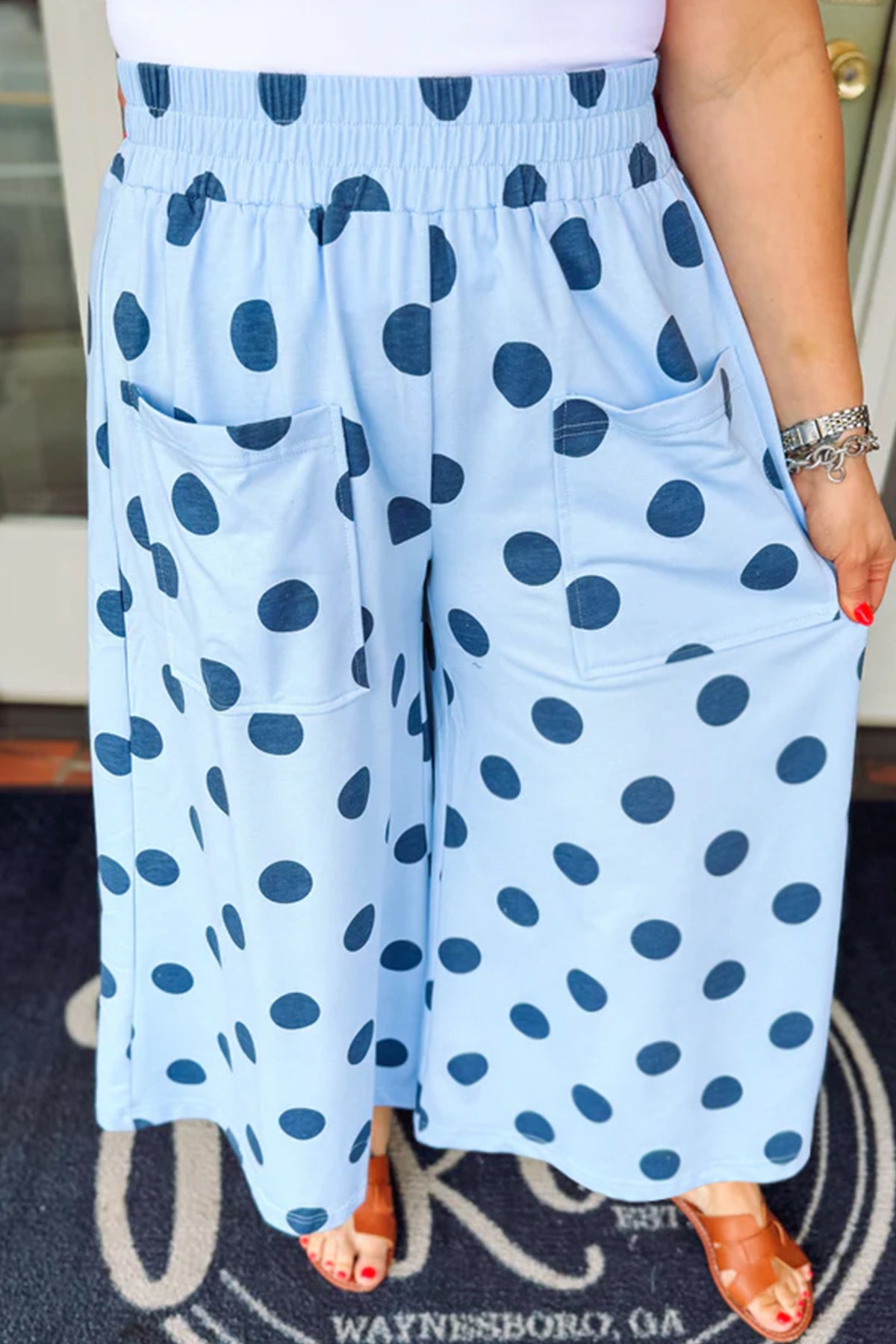 Curvy Sky Blue Polka Dot Wide Leg Pants
