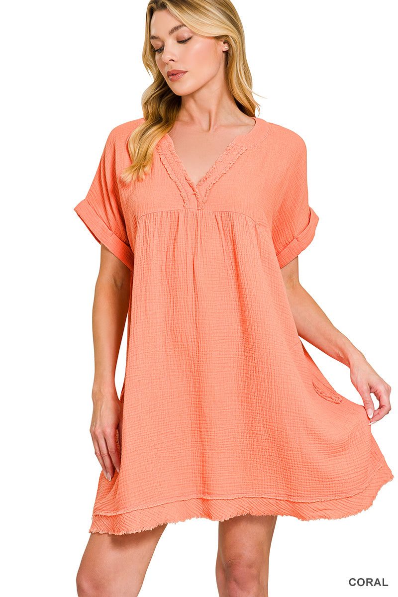 Gauze Raw Edge Dress – Coral