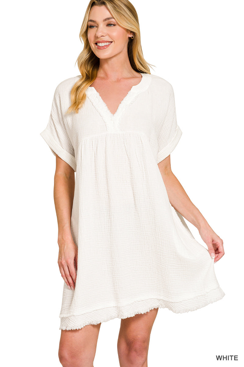Gauze Raw Edge Dress – White