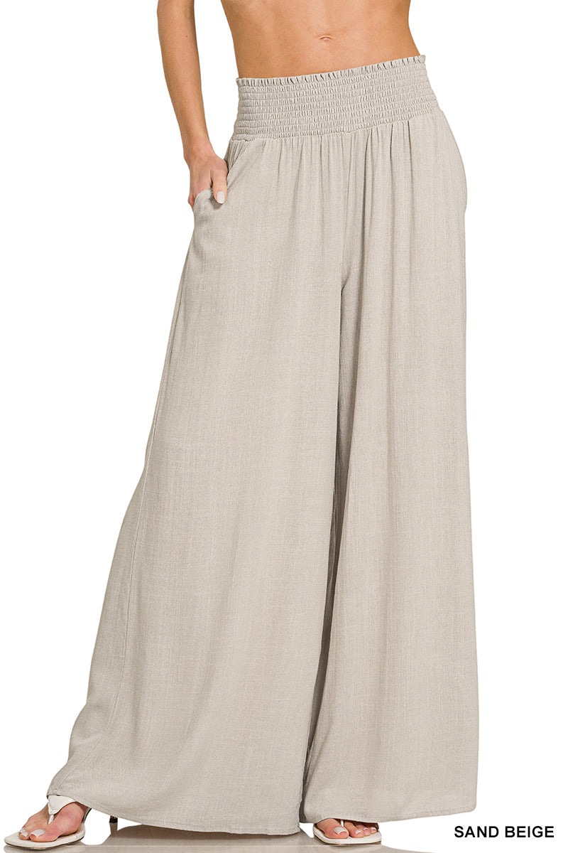 Smocked Waist Wide Leg Pants – Sand Beige