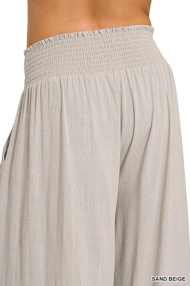 Smocked Waist Wide Leg Pants – Sand Beige