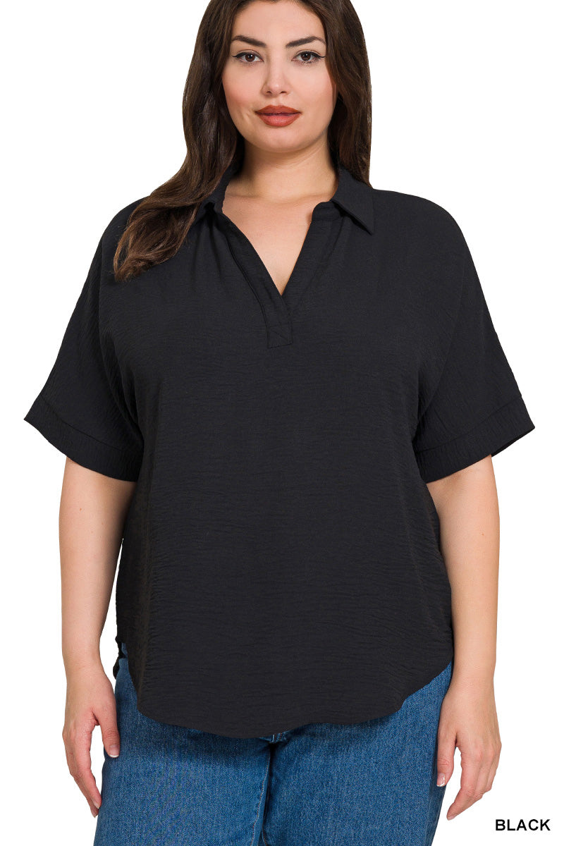 Classic Ease Collared Zenana Top - Black Curvy