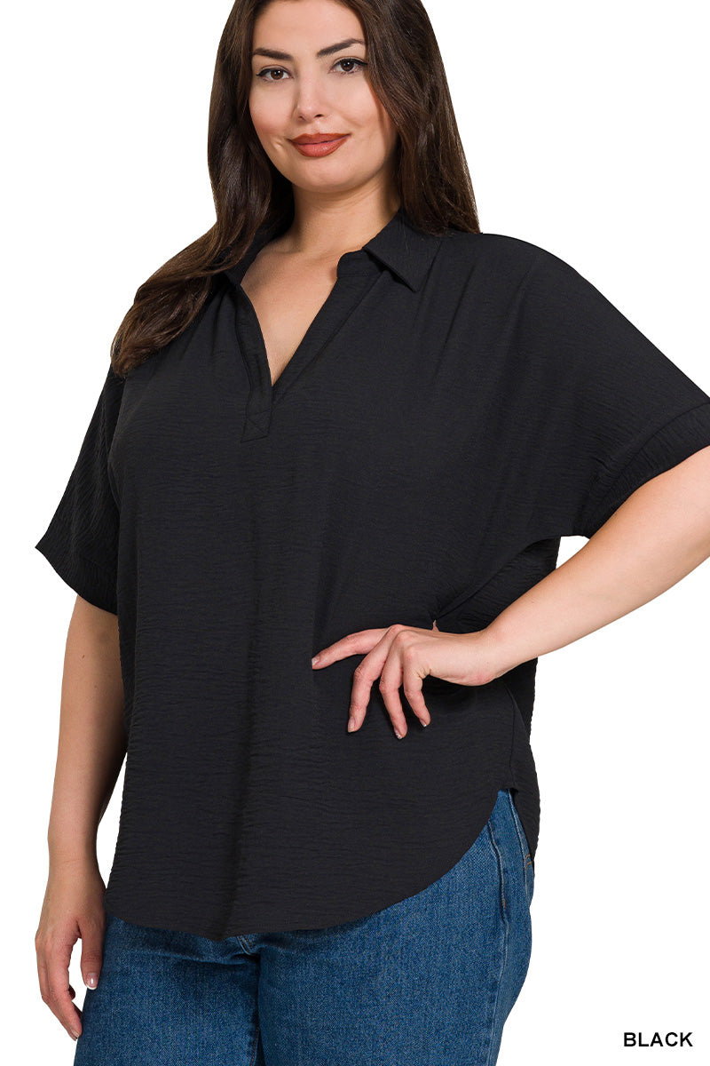 Classic Ease Collared Zenana Top - Black Curvy